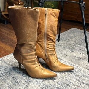 Steve Madden Tan Brown Pointed-Toe Mid-Calf Heeled Boots